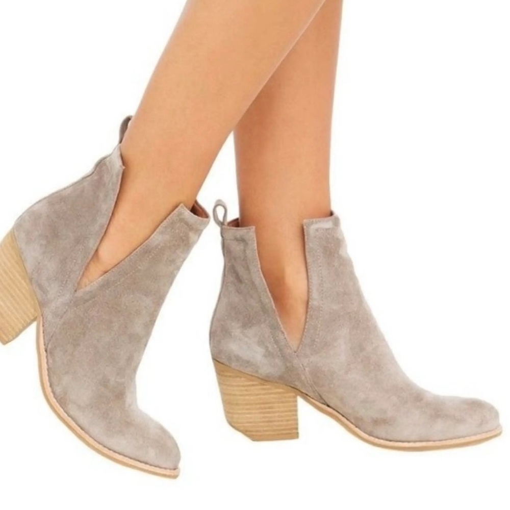 Gray Taupe Suede Ankle Boots Cutout Side Slit Block Heel Boot Western Boho Boots